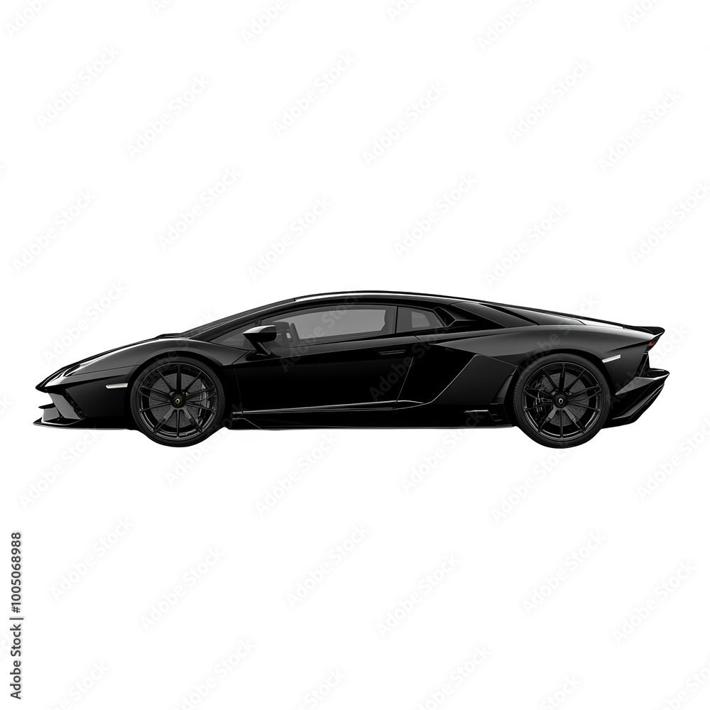 Sleek black sports car, side view on white isolated background Sleek black sports car, side view on white isolated background