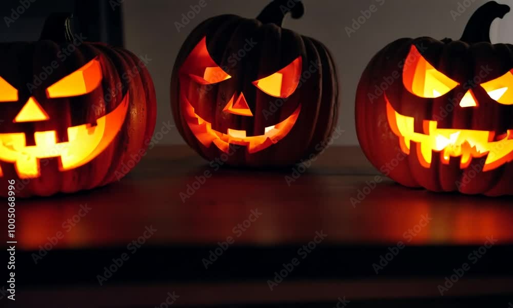Three pumpkins with scary faces are lit up in the dark. hyperrealistic Video Three pumpkins with scary faces are lit up in the dark. hyperrealistic Video