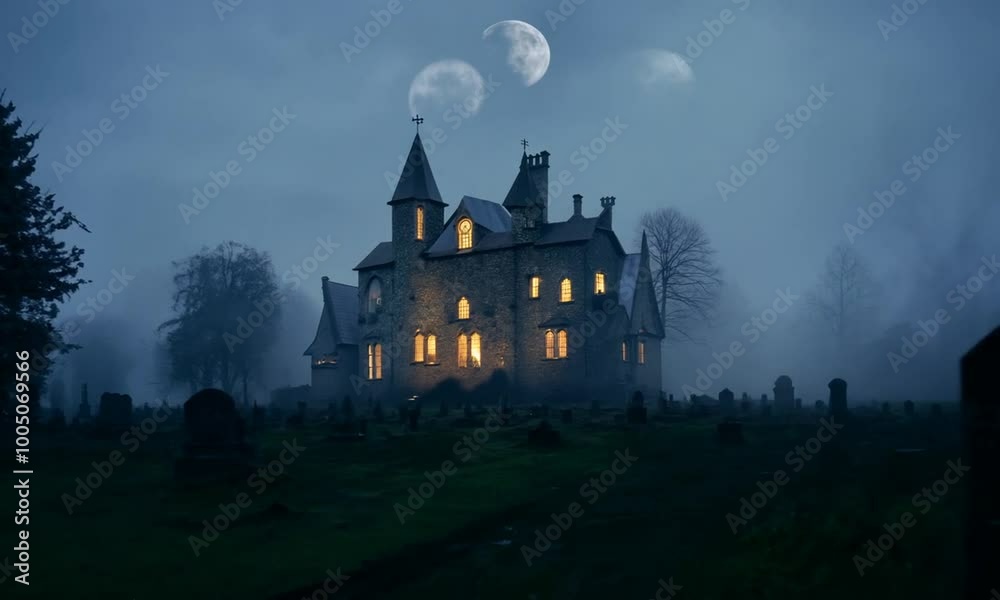 Graveyard with a large house in the background. hyperrealistic Video Graveyard with a large house in the background. hyperrealistic Video