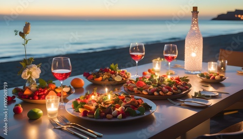 Intimate beachside sunset dinner featuring gourmet cuisine and fine rosé wine for couples photo