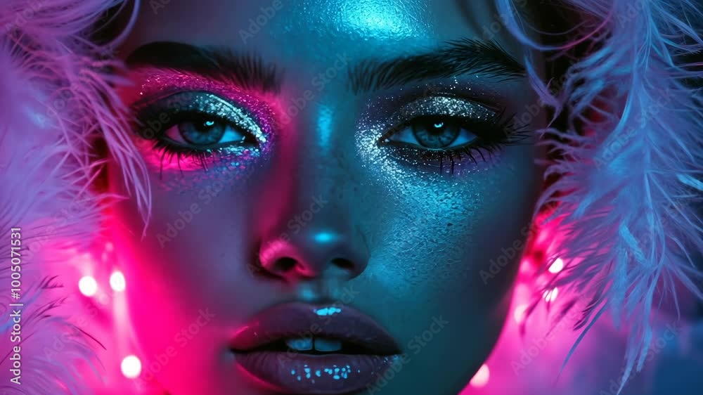 A woman's face is illuminated by pink and blue lights, creating a dramatic and colorful look A woman's face is illuminated by pink and blue lights, creating a dramatic and colorful look