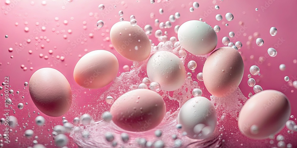 Pink and White Eggs Suspended in a Whirlwind of Bubbles on a Vibrant Pink Background Pink and White Eggs Suspended in a Whirlwind of Bubbles on a Vibrant Pink Background