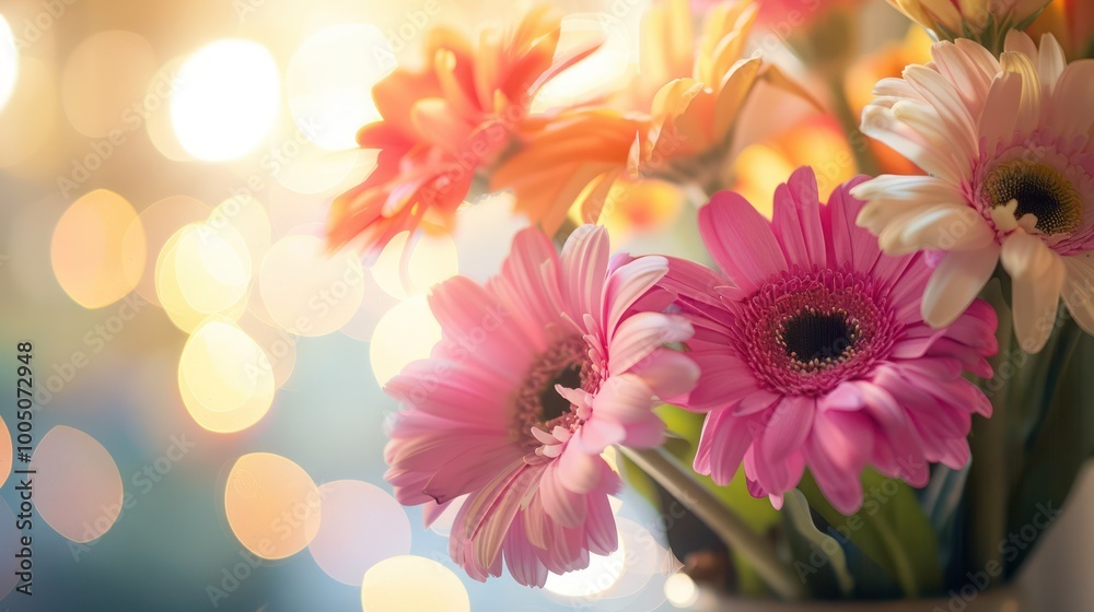 A close-up of a bouquet of mixed flowers in a vase, with soft lighting highlighting the petals A close-up of a bouquet of mixed flowers in a vase, with soft lighting highlighting the petals