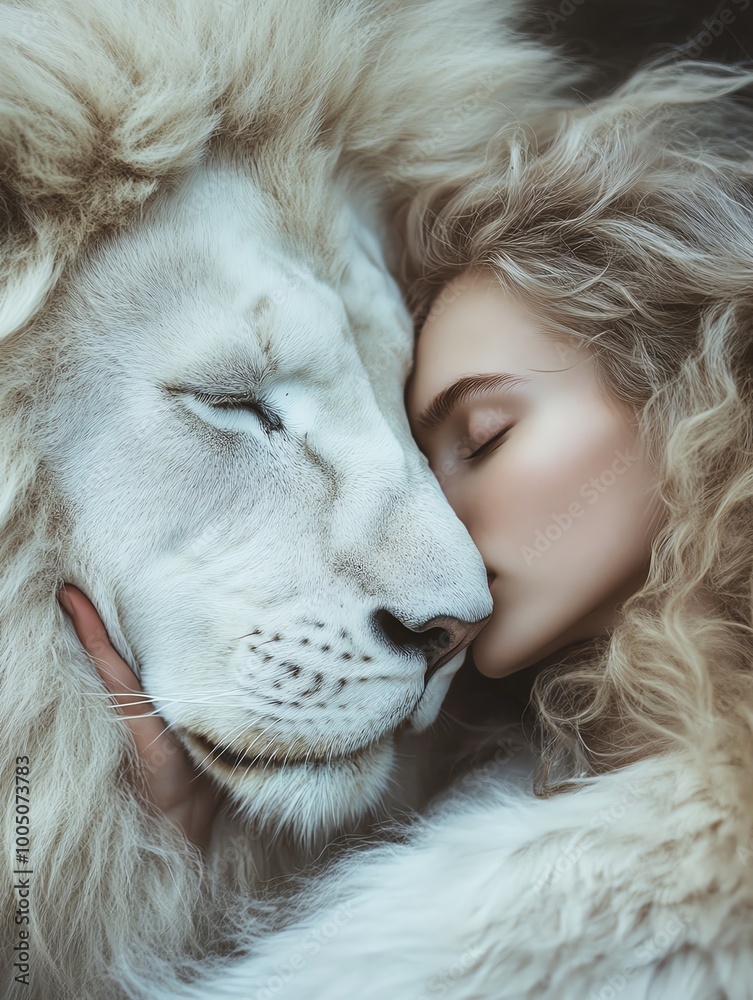 A serene moment showcasing a woman embracing a majestic lion, symbolizing harmony between humans and nature. A serene moment showcasing a woman embracing a majestic lion, symbolizing harmony between humans and nature.