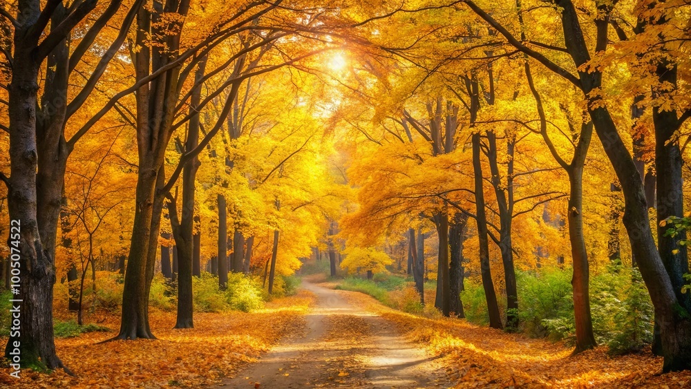 Fototapeta premium A Path Through Golden Autumn Foliage, Where Sunlight Filters Through the Canopy, Creating a Dappled Effect on the Ground