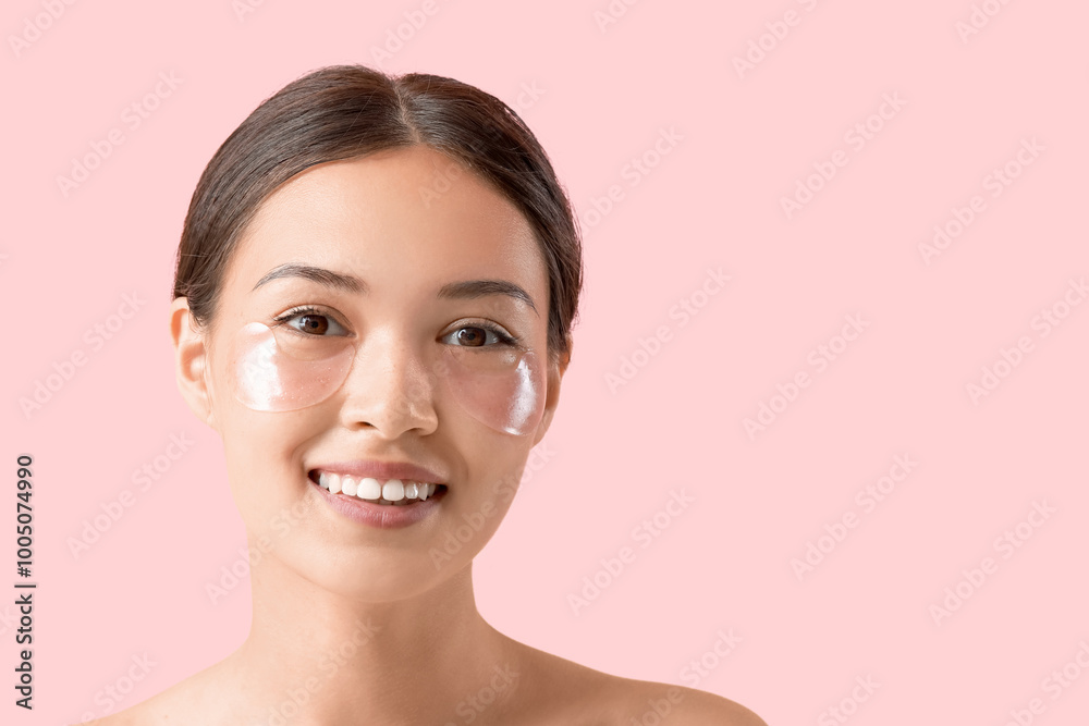 Beautiful Asian woman with under-eye patches on pink background, closeup Beautiful Asian woman with under-eye patches on pink background, closeup
