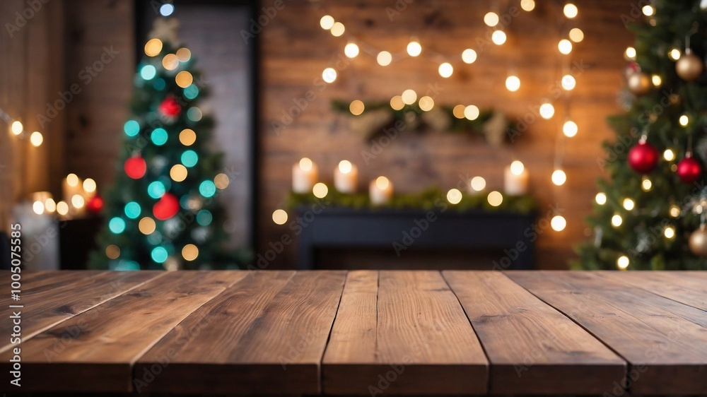 Empty wooden table background in room decorated for Christmas, empty desk, advertising product space Empty wooden table background in room decorated for Christmas, empty desk, advertising product space