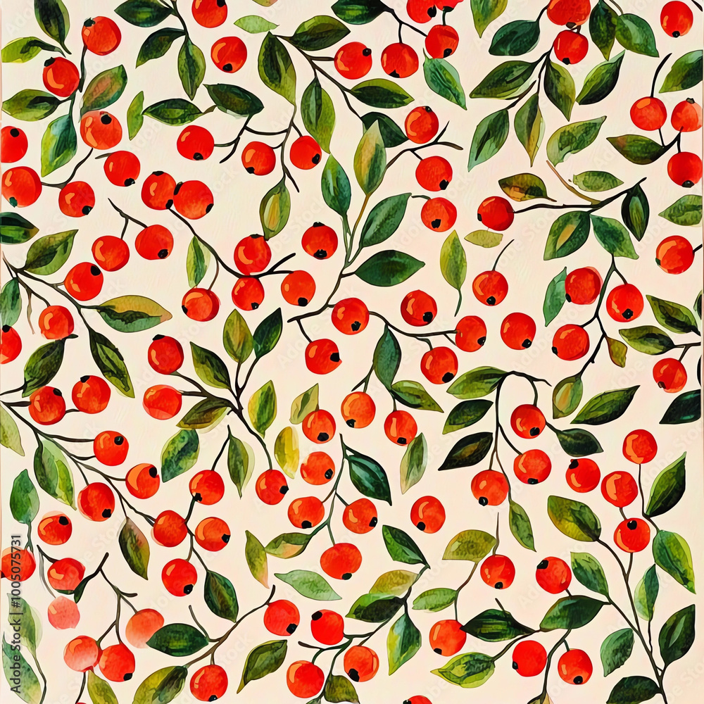 A pattern of small red berries and green leaves on cream background, gouache illustration, A pattern of small red berries and green leaves on cream background, gouache illustration,