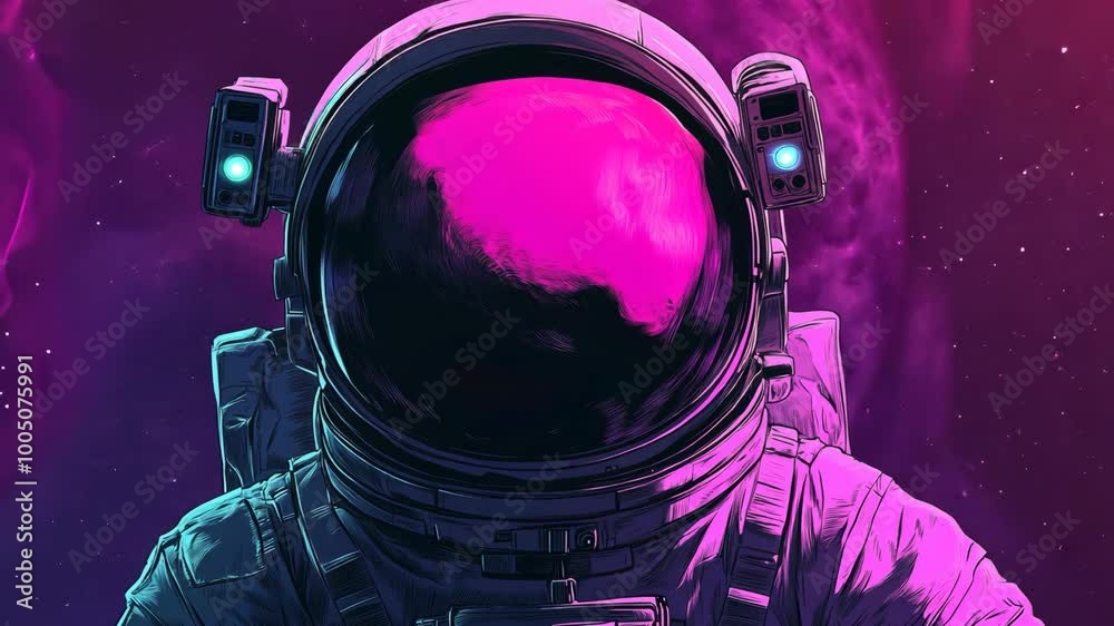 An astronaut floats through space, surrounded by a vibrant, purple nebula