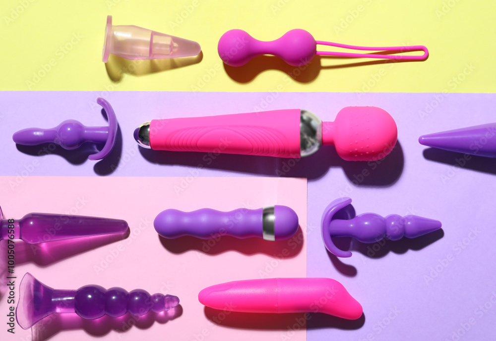 Many different sex toys on color background Many different sex toys on color background