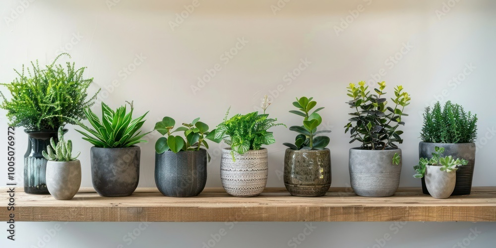 A collection of stylishly arranged potted plants on a minimalist shelf, adding a touch of greenery to the room A collection of stylishly arranged potted plants on a minimalist shelf, adding a touch of greenery to the room
