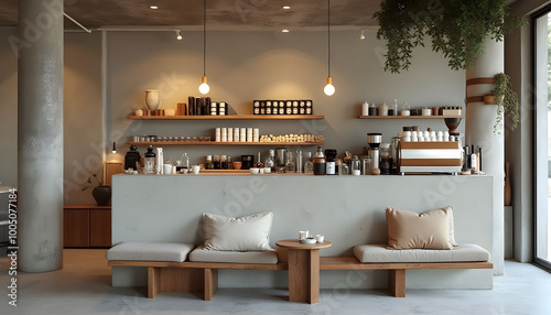Minimalist Cafe Interior with Bench Seating and Coffee Machine