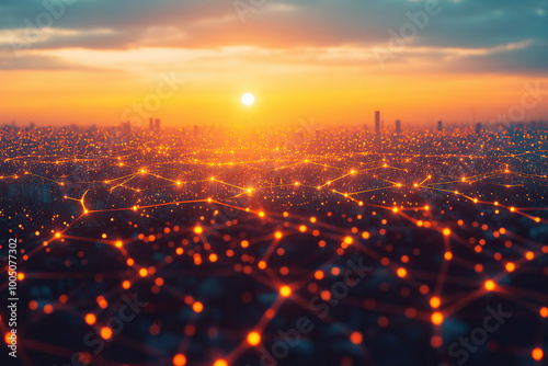 cityscape at sunset showing data network expansion, energy supply, glowing orange lines and dots, drone view, photorealistic, OeE photo