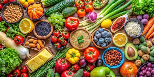 A vibrant assortment of fresh fruits, vegetables, and legumes displayed on a wooden table, showcasing a rainbow of colors and textures