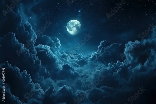 Night sky with full moon in the clouds background - generative ai