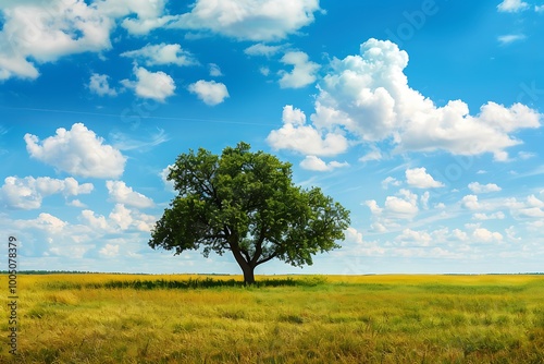 Oak tree in a field on a background of blue sky with clouds