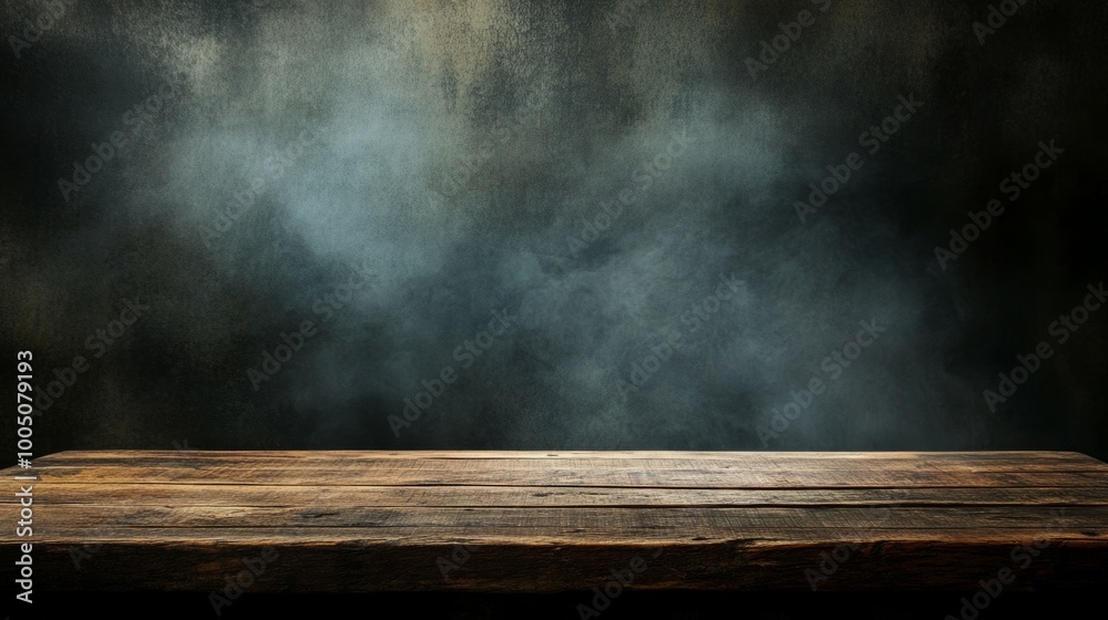 Rustic wooden table against a smoky backdrop. Rustic wooden table against a smoky backdrop.