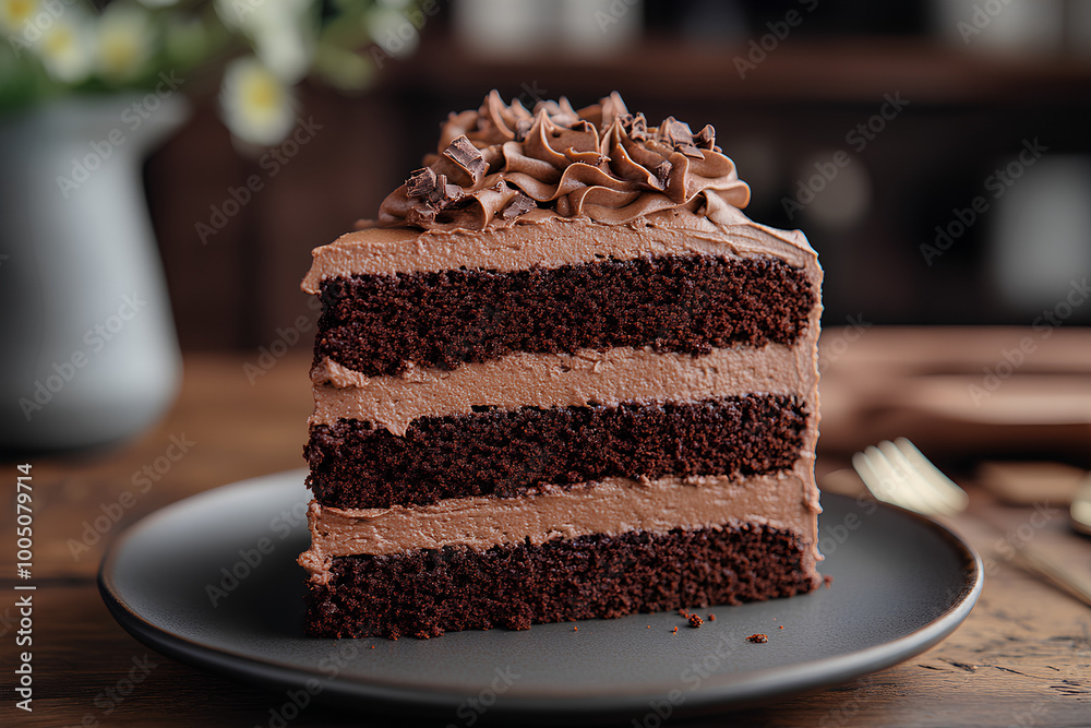 Delicious Chocolate Cake Slice on Plate