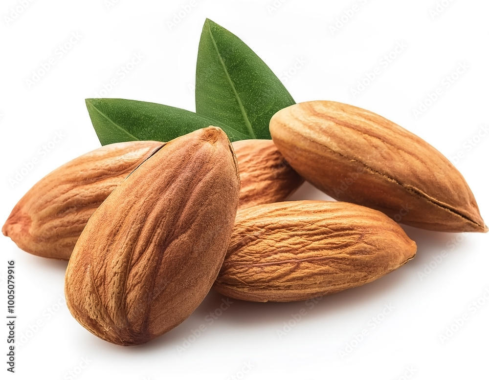 A pile of almonds with one nut separated, on a white background. A pile of almonds with one nut separated, on a white background.