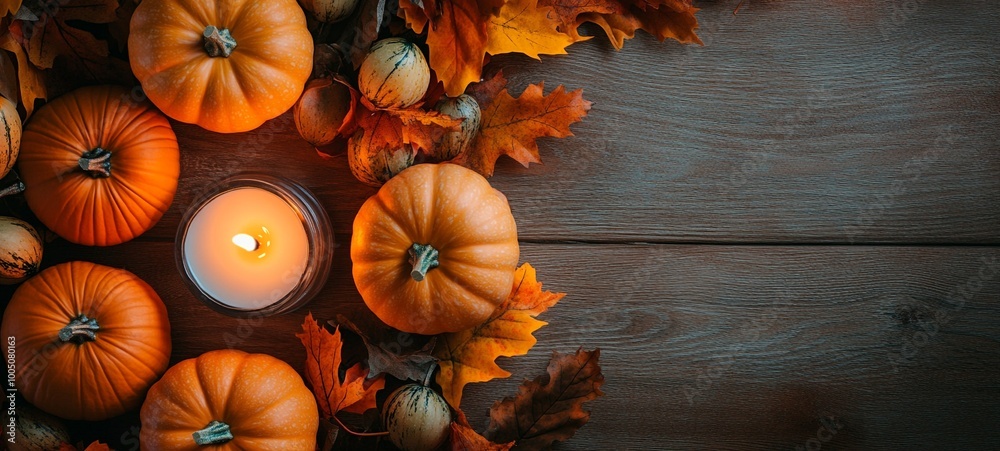 Cozy Autumn Still Life with Pumpkins Leaves and Candle on Wooden Surface Cozy Autumn Still Life with Pumpkins Leaves and Candle on Wooden Surface