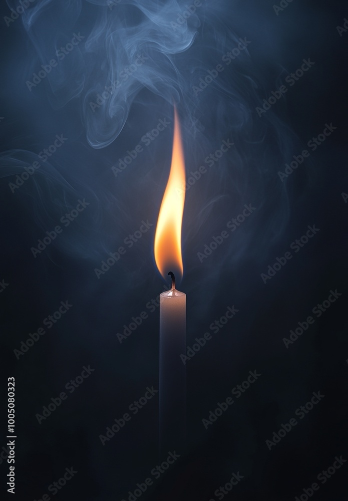 Solitary Candle Flame Burning in the Dark with Ethereal Smoke Solitary Candle Flame Burning in the Dark with Ethereal Smoke