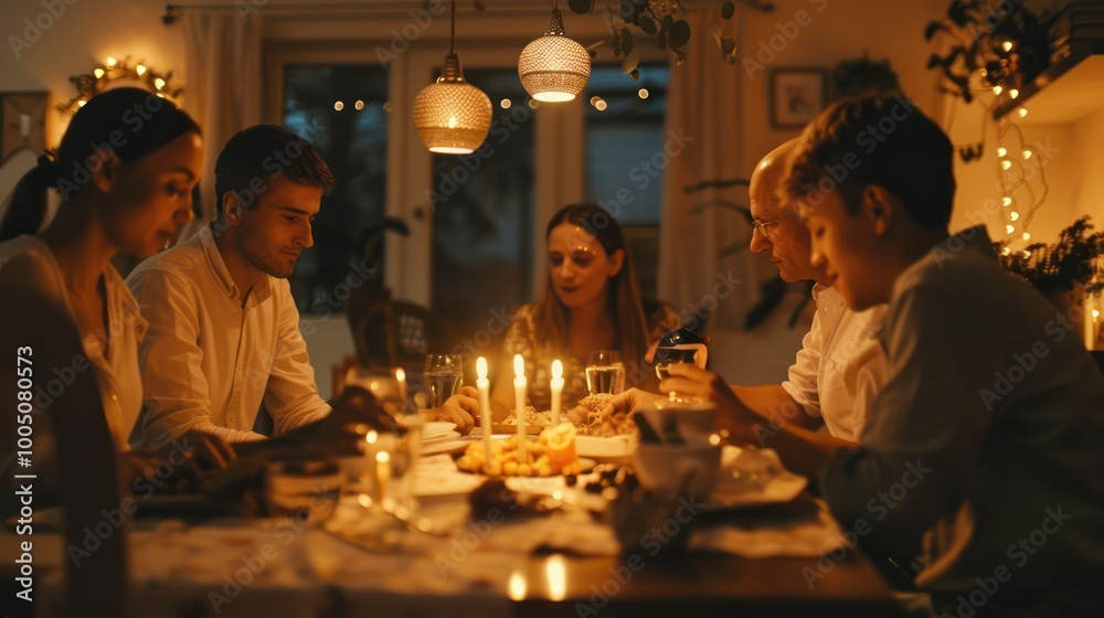 A family gathered around a table, enjoying a quiet meal together with soft lighting and a calm atmosphere A family gathered around a table, enjoying a quiet meal together with soft lighting and a calm atmosphere