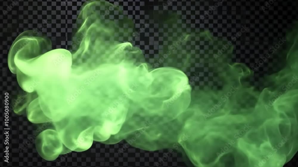 Green smoke swirls in front of a checkered background