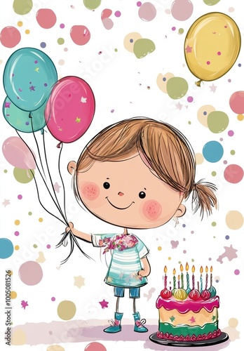 Cheerful Girl with Birthday Cake and Balloons Celebrating Joyful Occasion