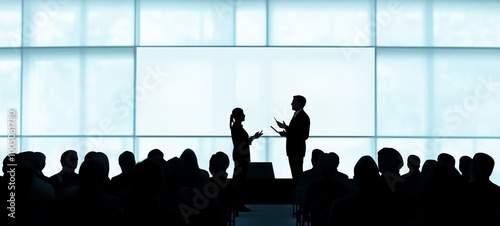 Silhouette of business people at corporate conference or meeting