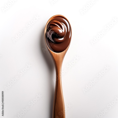 Wooden spoon containing chocolate sauce, with an artistic drip effect on the white surface