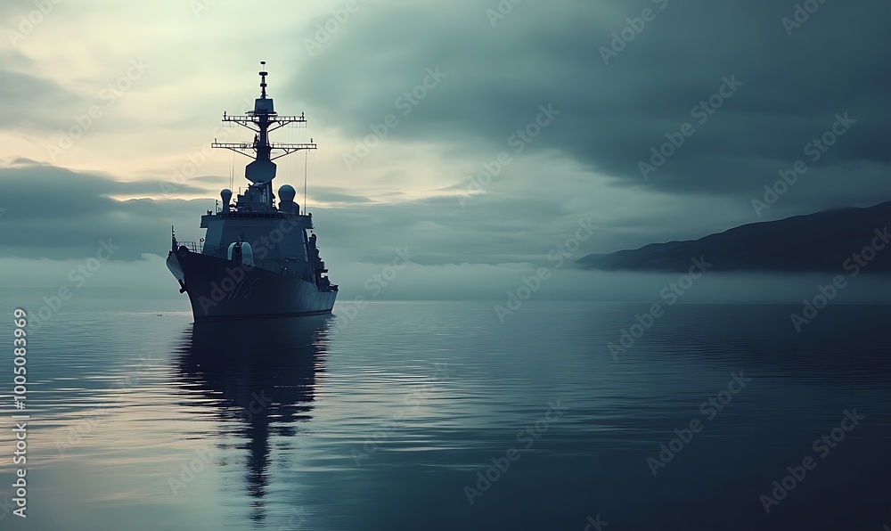 Military Ship on the Calm Ocean in the Foggy Twilight Military Ship on the Calm Ocean in the Foggy Twilight