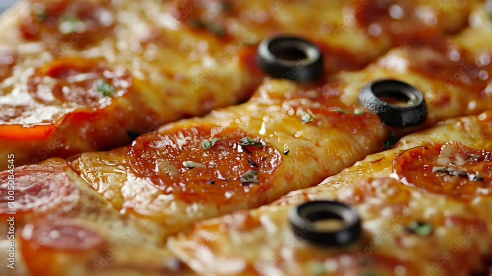 A close-up of pepperoni and black olive pizza slices, perfect for a casual dinner A close-up of pepperoni and black olive pizza slices, perfect for a casual dinner