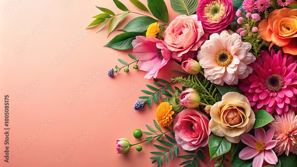 A delicate arrangement of pink, peach, and yellow blossoms with vibrant green foliage on a soft peach background A delicate arrangement of pink, peach, and yellow blossoms with vibrant green foliage on a soft peach background