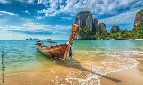 Longtail boat on the beach in Krabi province, Thailand.