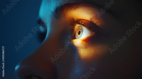 Close-up of a doctor's hand shining a small flashlight into a patient's eye to test pupil reflex, with the patient's face partially visible in a clinical setting 