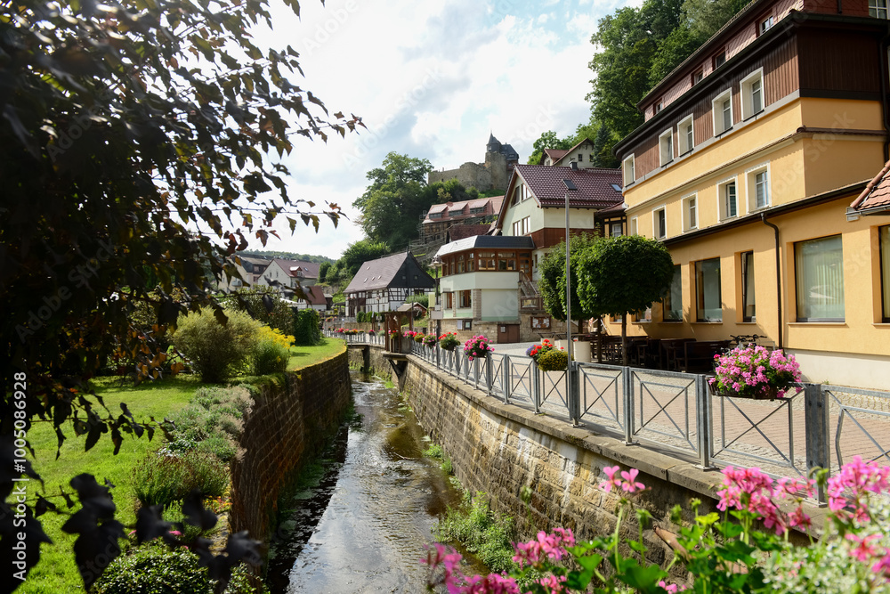 View of German village with beautiful houses and river View of German village with beautiful houses and river