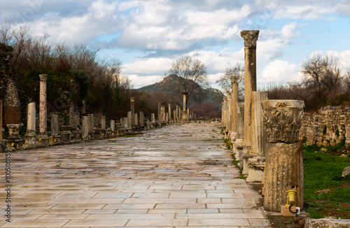 Street scene at the archeological excavations at Ephesus - Arkadiane street, Ticaret Agorasi (Commerical Agora). Marble street. Turkey photo