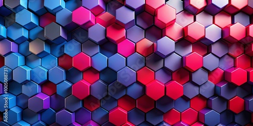 A vibrant and abstract composition of blue, purple and red hexagons arranged in a repeating pattern