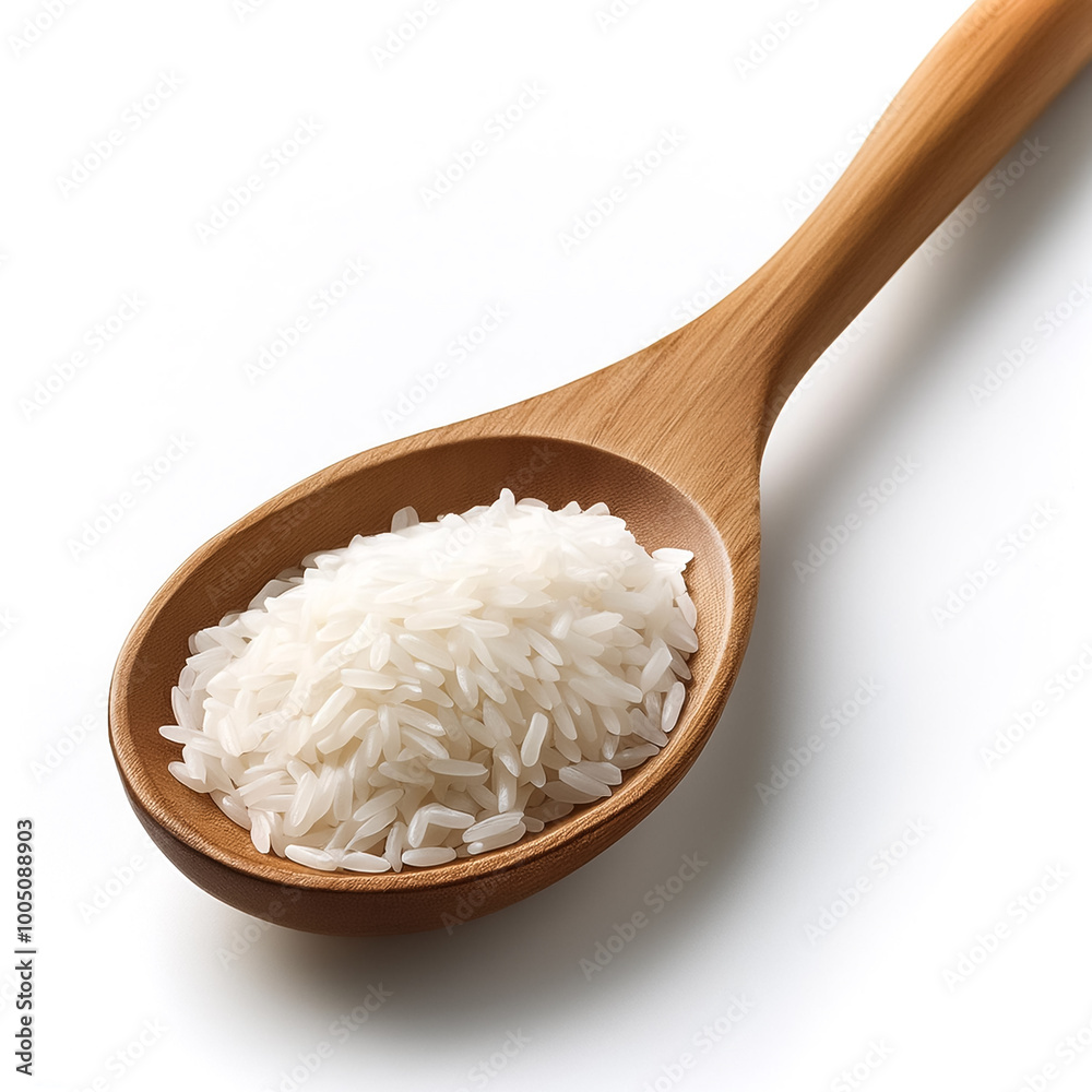 Wooden spoon filled with colorful rice, shown in close-up detail on a white background Wooden spoon filled with colorful rice, shown in close-up detail on a white background