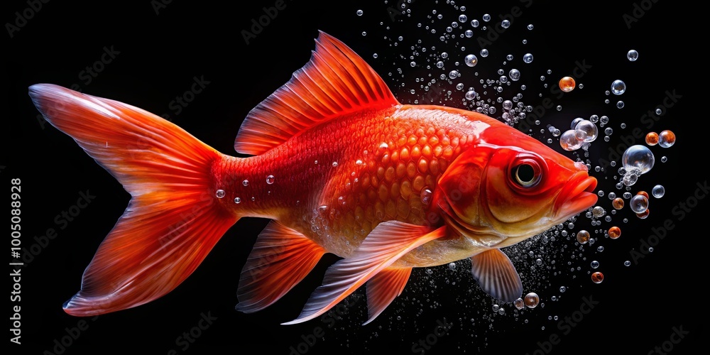 Fototapeta premium A vibrant red goldfish swims through a cascade of iridescent bubbles against a stark black background.