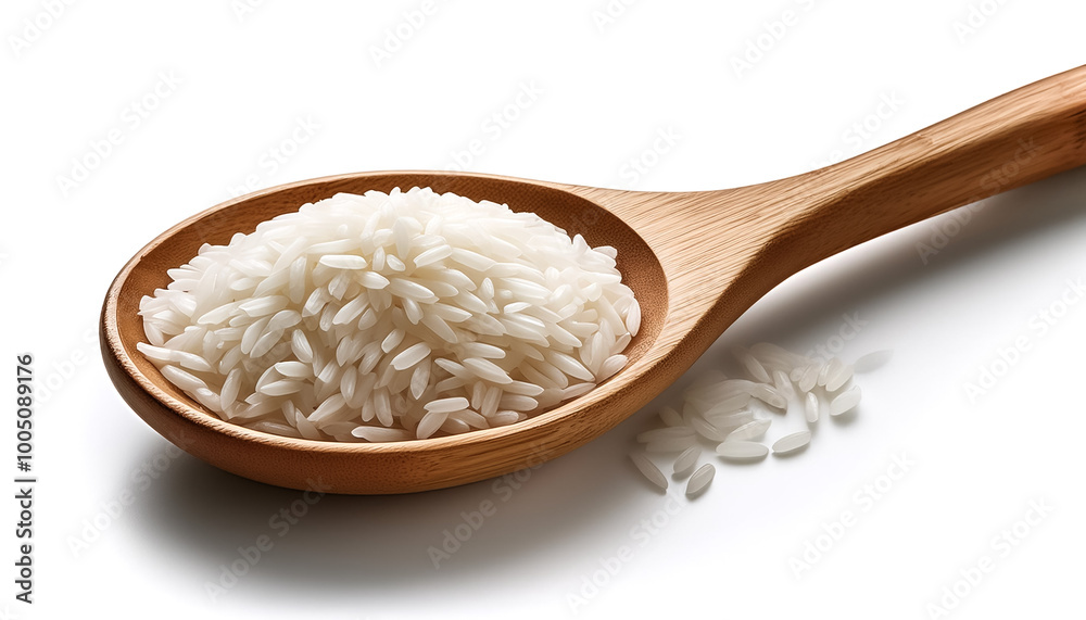 Wooden spoon filled with colorful rice, shown in close-up detail on a white background Wooden spoon filled with colorful rice, shown in close-up detail on a white background