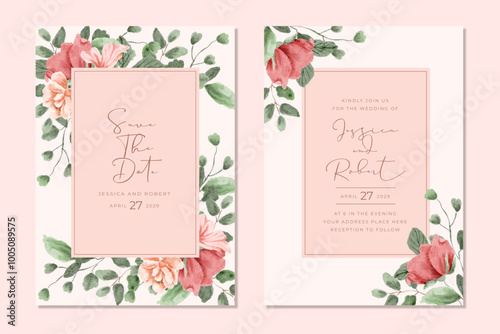 wedding invitation card pink floral watercolor frame