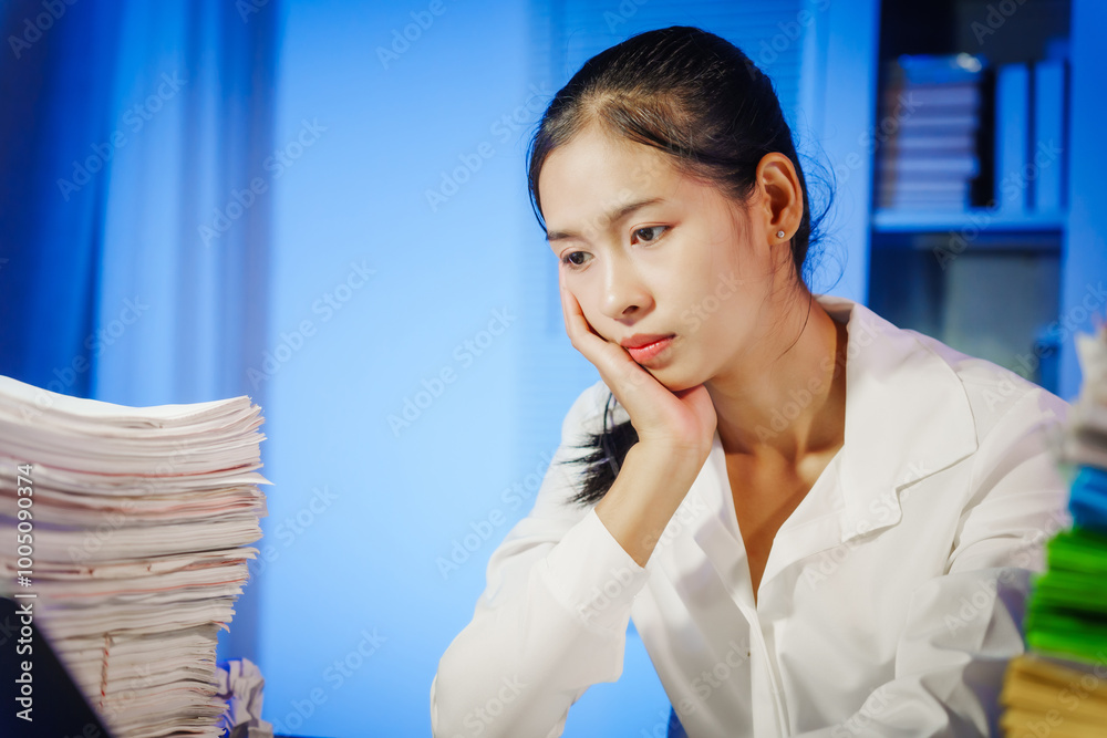 confident Asian businesswoman works late into the night, surrounded by a stack of papers in a busy office. Overtime leads to office syndrome symptoms like neck pain, headaches, and chronic stress. confident Asian businesswoman works late into the night, surrounded by a stack of papers in a busy office. Overtime leads to office syndrome symptoms like neck pain, headaches, and chronic stress.