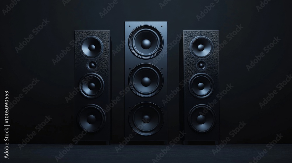 three black speakers in a dark room, technology and audio equipment concept