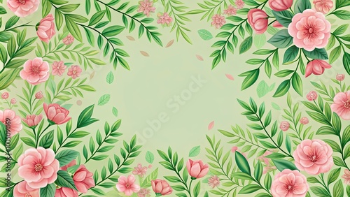Wallpaper Mural Delicate Pink Flowers and Lush Green Foliage Create a Beautiful Floral Frame Torontodigital.ca