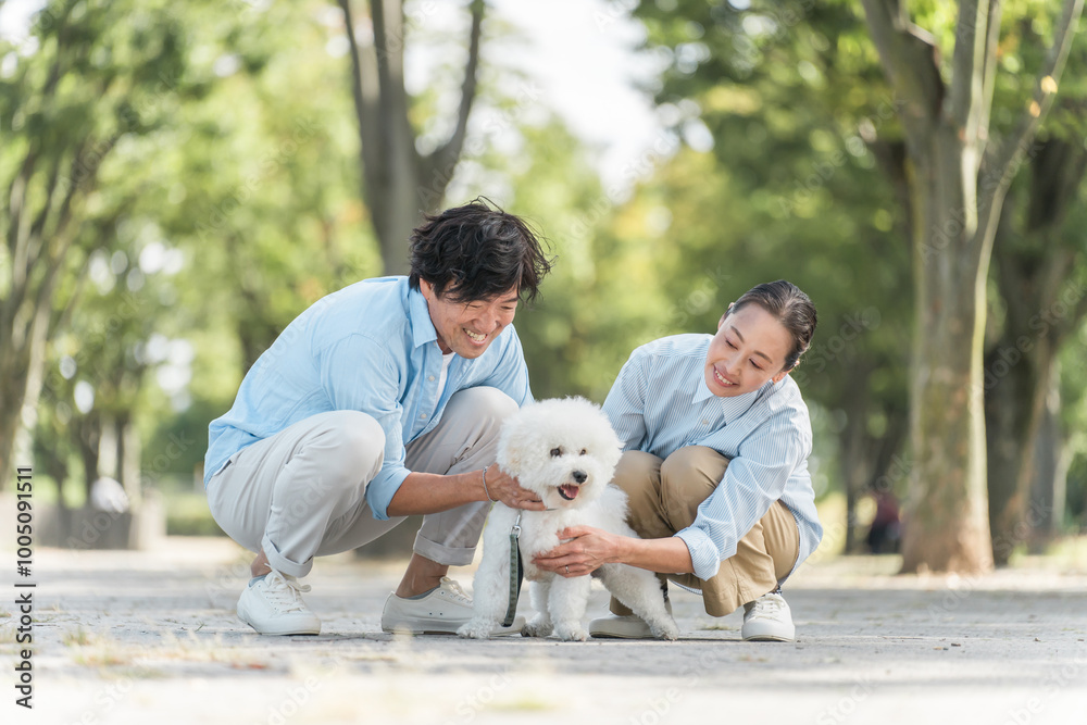 Fototapeta premium 犬の散歩をする夫婦・愛犬家・飼い主・ペットシッター・家族 