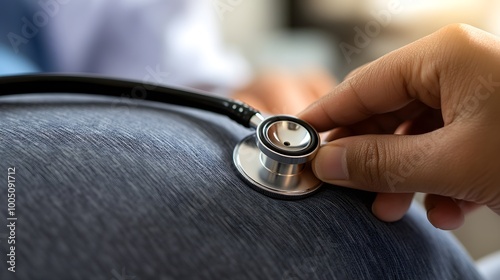 A hand gently pressing a stethoscope onto a patient's back for a lung check, focusing on the stethoscope and the physician's careful assessment during the medical exam 