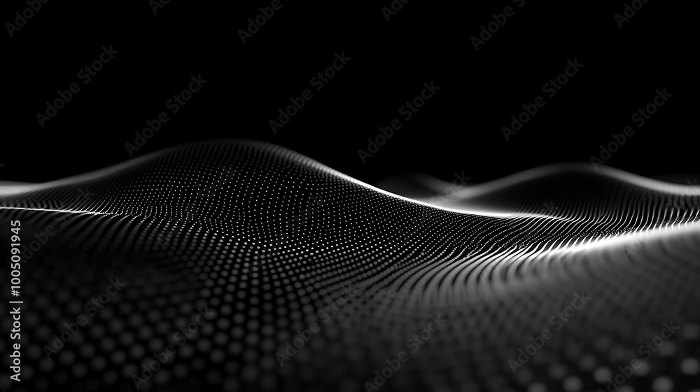 Abstract wave of glowing dots on a black background, creating a digital landscape with futuristic and minimal design. Abstract wave of glowing dots on a black background, creating a digital landscape with futuristic and minimal design.