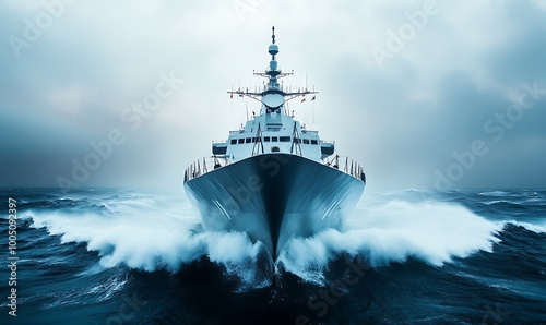 Warship Cutting Through Rough Seas