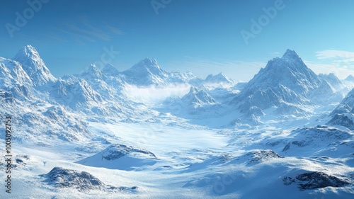 Snow-covered mountains under a clear blue sky, breathtaking winter scenery.